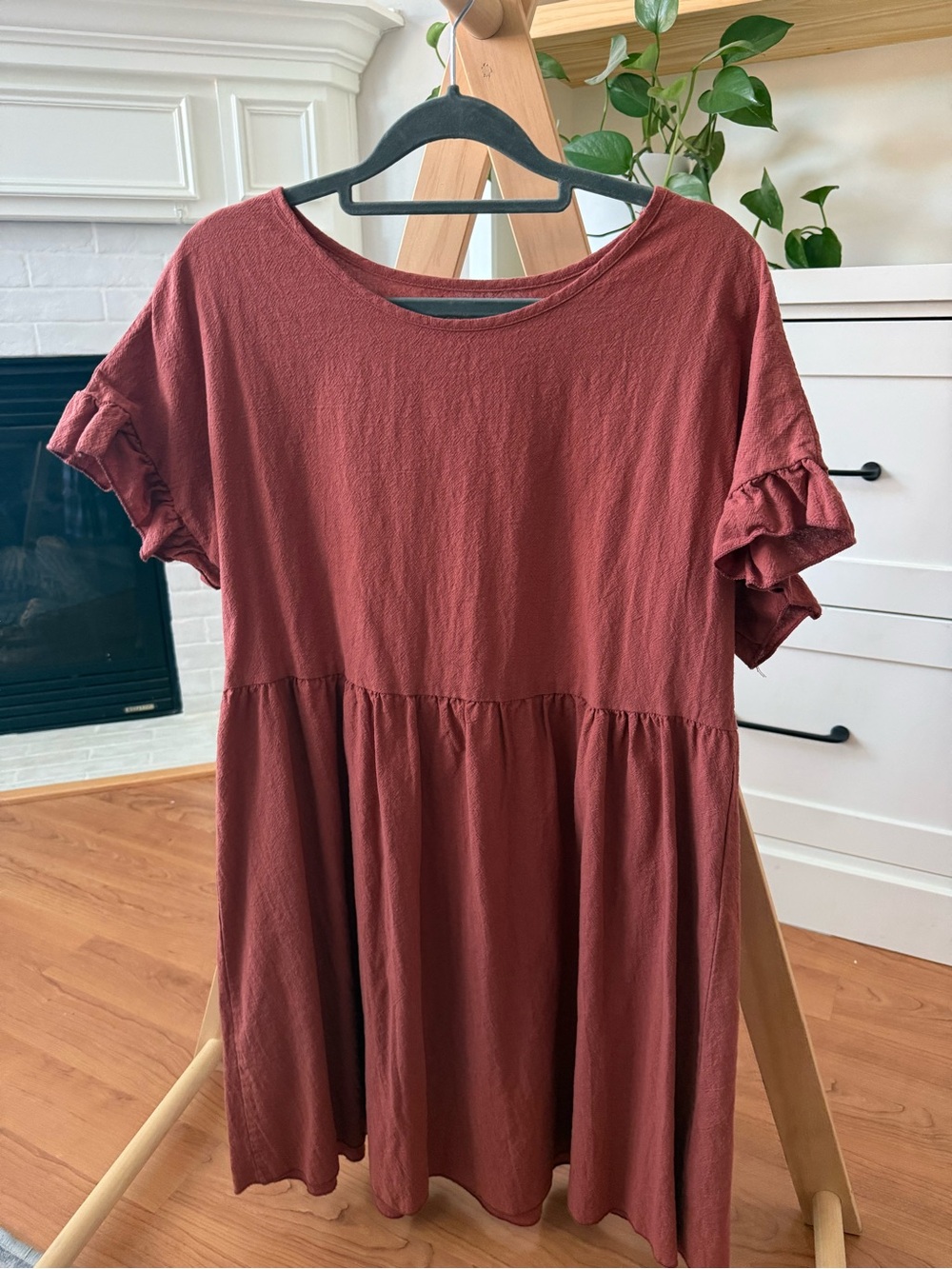 Rust Ruffle-Sleeve Babydoll Dress - Women
